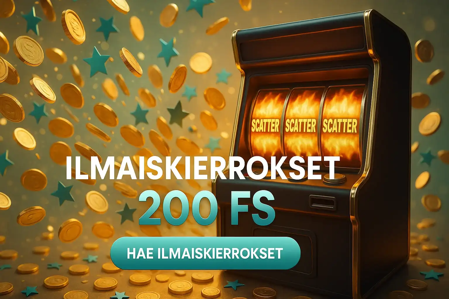 Fotorealistinen kasinobanneri, 3D-kolikkopeli ja 200 ilmaiskierrosta CTA-painikkeella