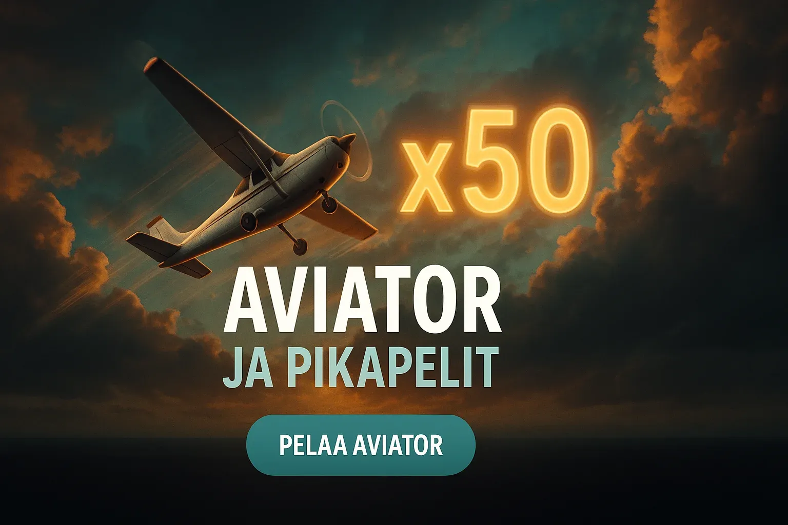 Fotorealistinen suomalainen kasinobanneri, lentokone nousee ja x50-kerroin hehkuu