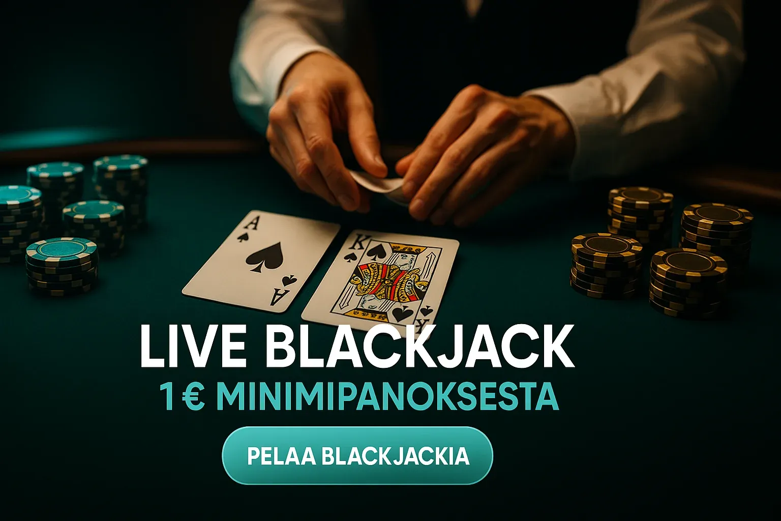Fotorealistinen live blackjack -pöytä, ässä ja kuningas, pelimerkit ja jakaja