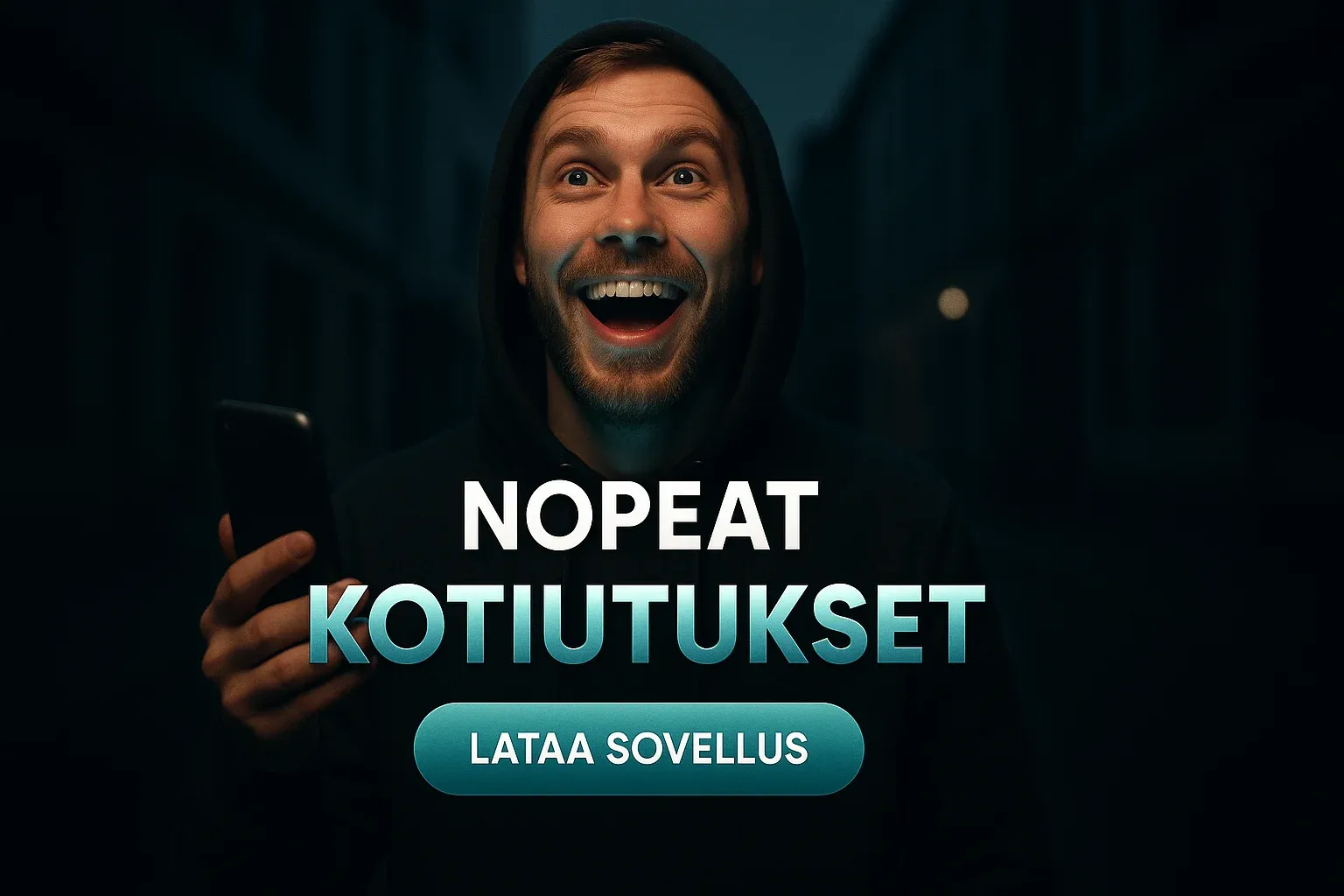 Suomalainen kasinomainosbanneri, mies hupparissa ja puhelin, nopeat kotiutukset