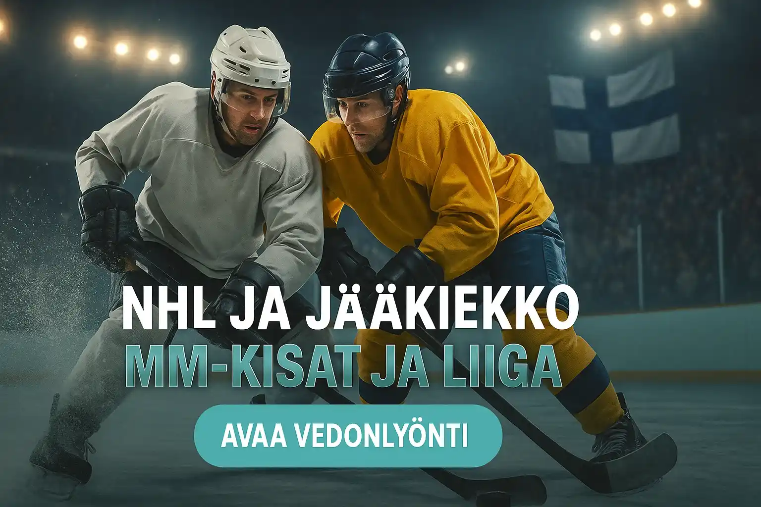 Fotorealistinen jääkiekkovedonlyönnin banneri, pelaajat kamppailevat kiekosta kaukalon laidalla
